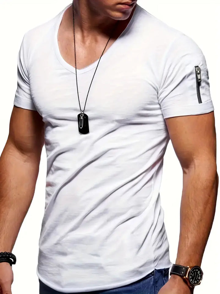 Men's modern V-neck tee with stylish zipper pocket. Comfortable summer shirt, perfect for casual fashion.