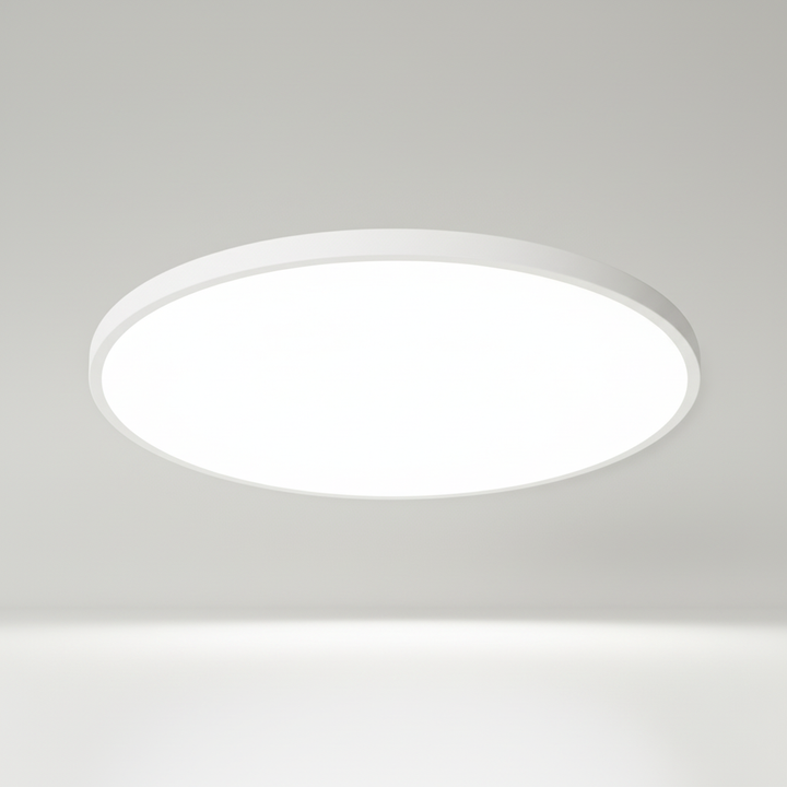 Energy-efficient dimmable LED ceiling light. Flat, round design for modern minimalist interiors & ambiance.
