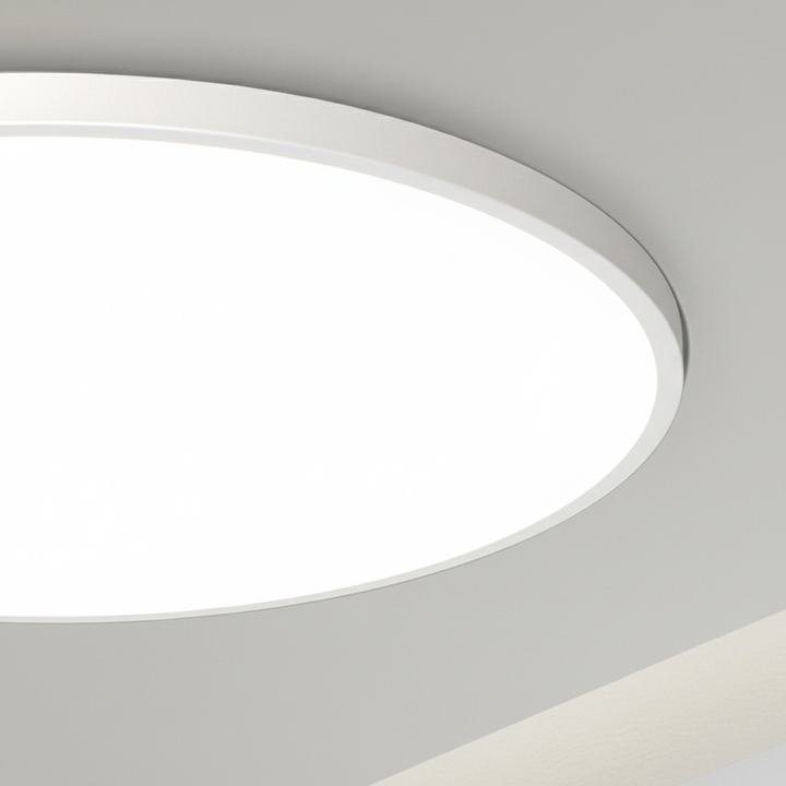 AuraSphere flat LED ceiling light. Modern minimalist round fixture for elegant home ambiance.