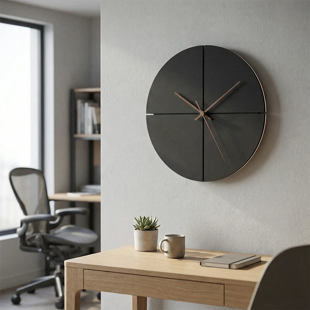 Modern minimalist wall clock, sleek black & white analog design, perfect for contemporary home or office decor.