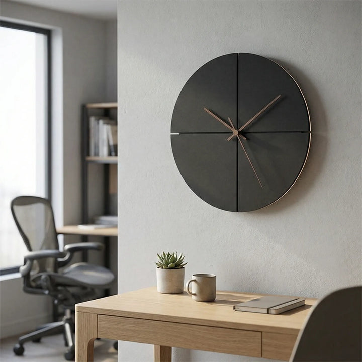 Modern minimalist wall clock, sleek black & white analog design, perfect for contemporary home or office decor.