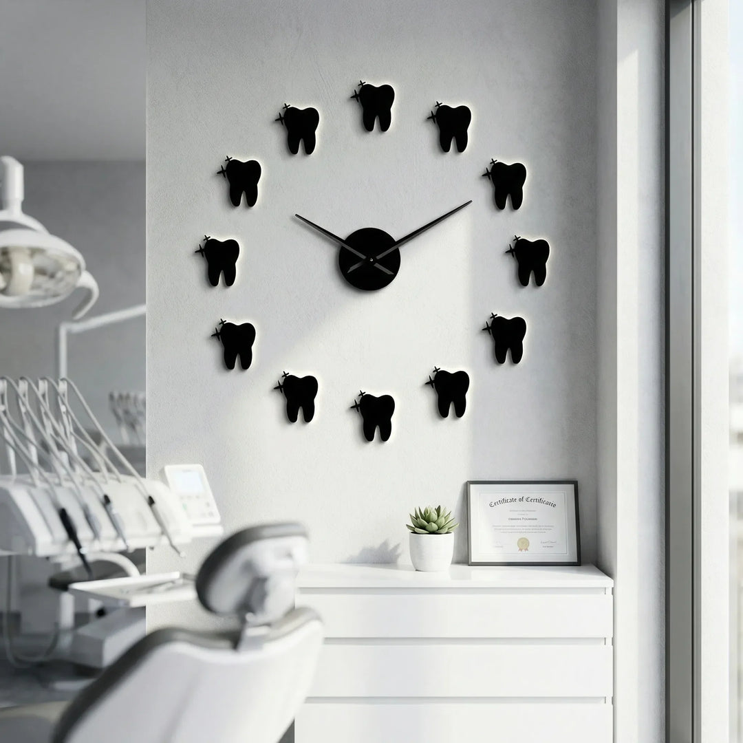 Modern mirror effect silent wall clock with unique dental motif. Perfect for dental office decor or stylish home wall art.