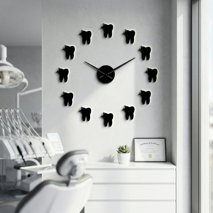 Modern mirror effect silent wall clock with unique dental motif. Perfect for dental office decor or stylish home wall art.