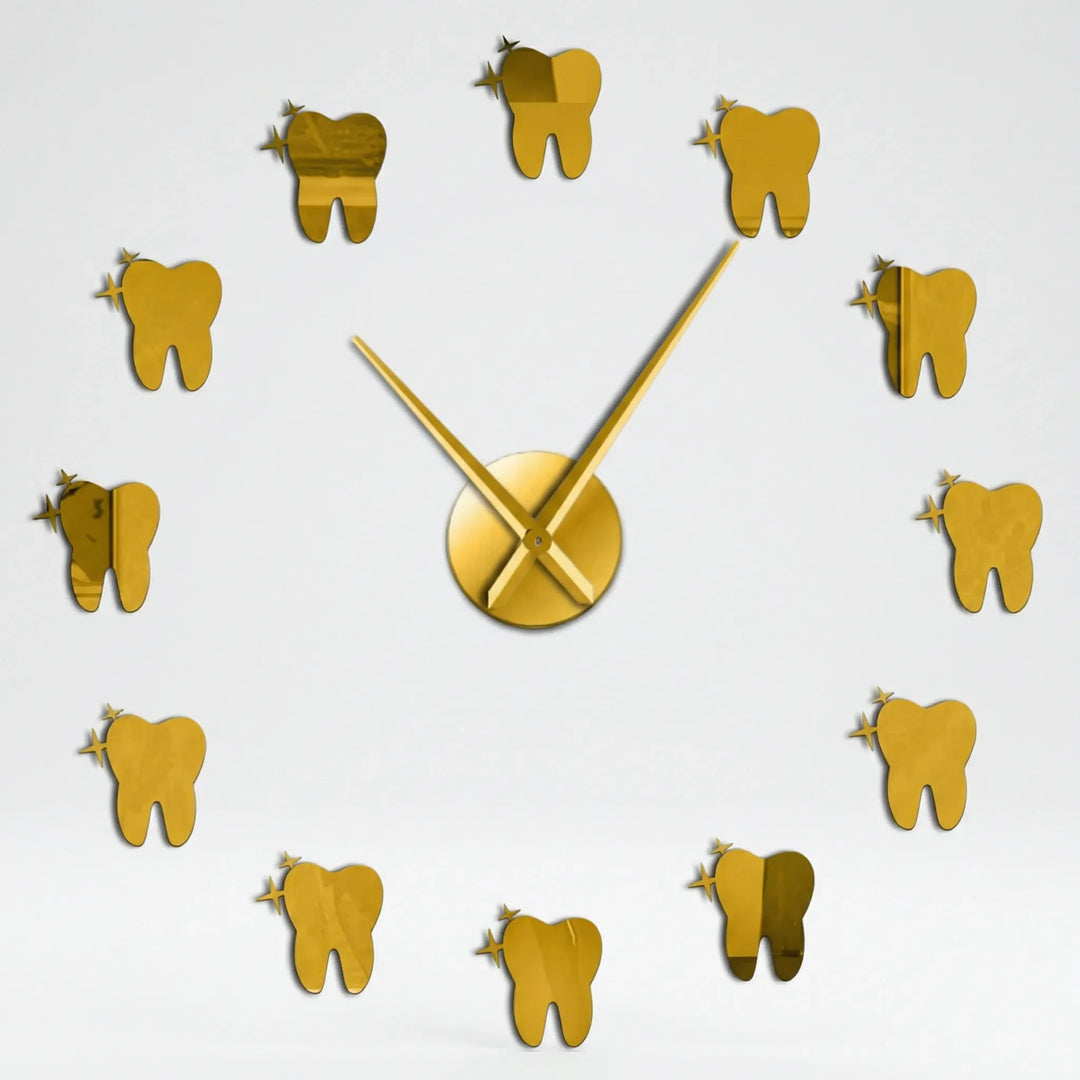 Silent modern wall clock featuring a mirror effect finish and subtle dental motif. Ideal for contemporary office decor.