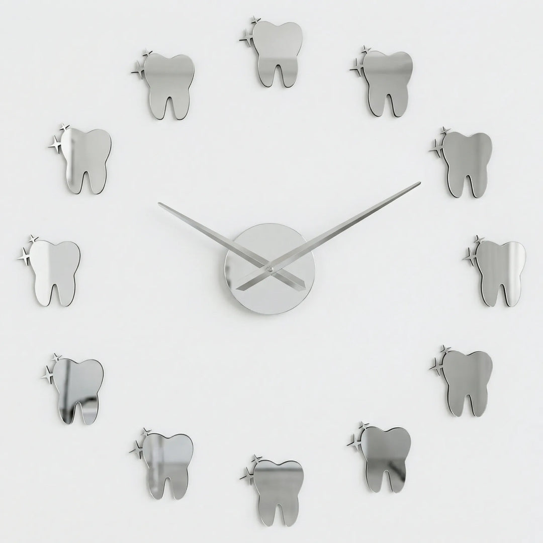 Statement modern wall art clock. Reflective mirror effect and silent operation with a unique dental motif for impact.