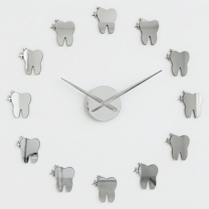 Statement modern wall art clock. Reflective mirror effect and silent operation with a unique dental motif for impact.