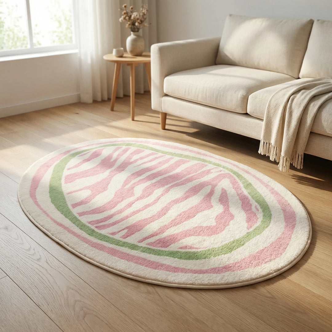 Modern oval striped area rug with wavy lines, ideal for contemporary living room home decor.