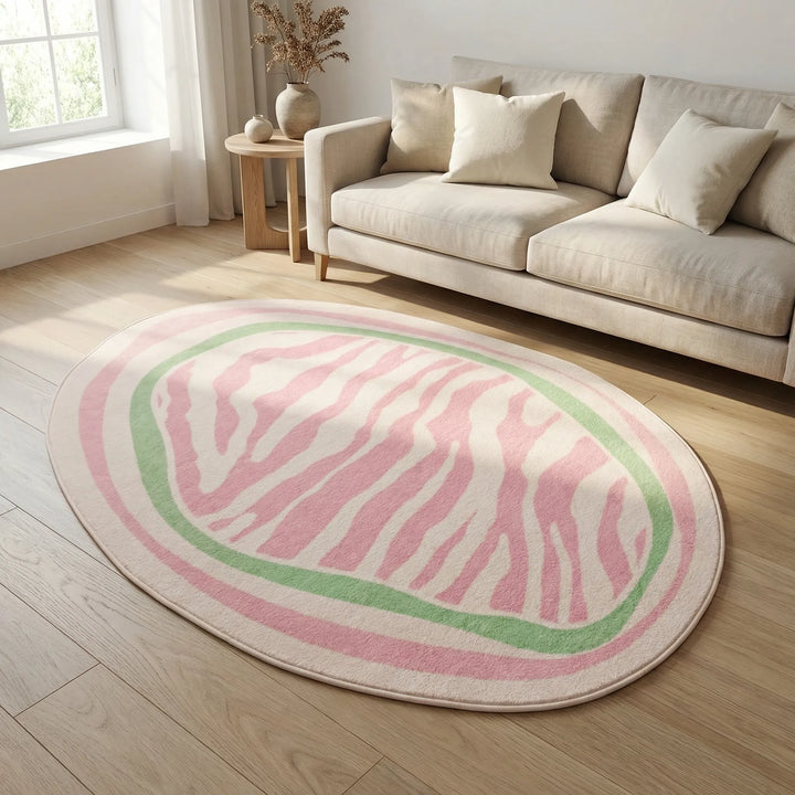 Contemporary oval striped rug, a statement piece with wavy patterns for modern living room floors.