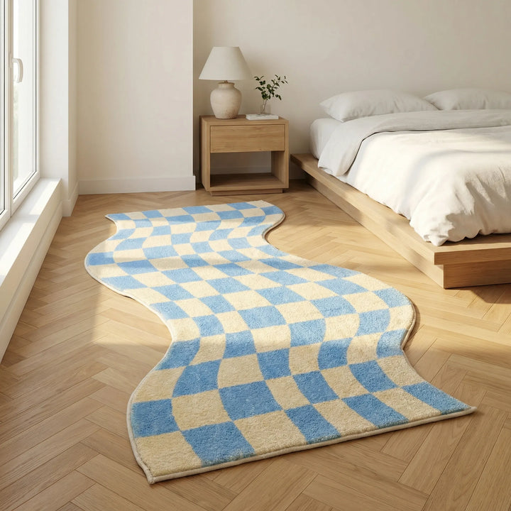 Modern pastel wavy check area rug, Flowique design, perfect for living room decor.
