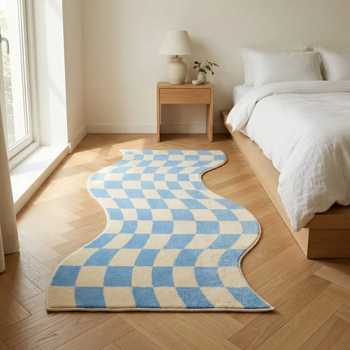 Cozy pastel wavy check rug, modern Flowique area mat, ideal for stylish home decor & living spaces.