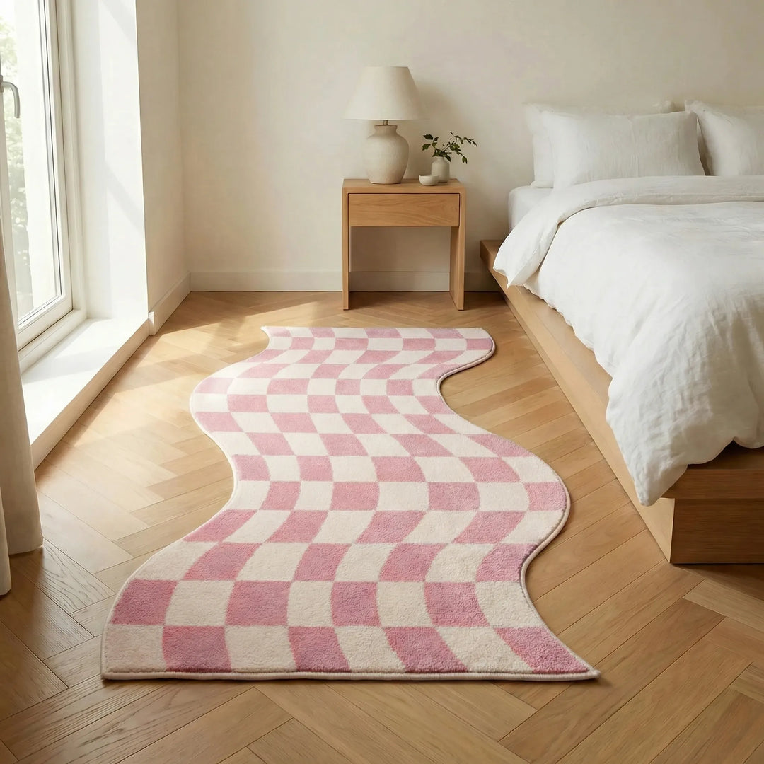 Decorative wavy pastel area rug with check pattern, modern Flowique floor mat for cozy home decor.