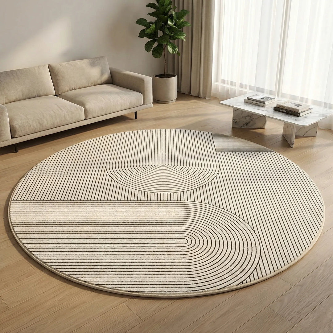 Modern round area rug with Flowique wave design. Non-slip Scandinavian style perfect for living room decor.