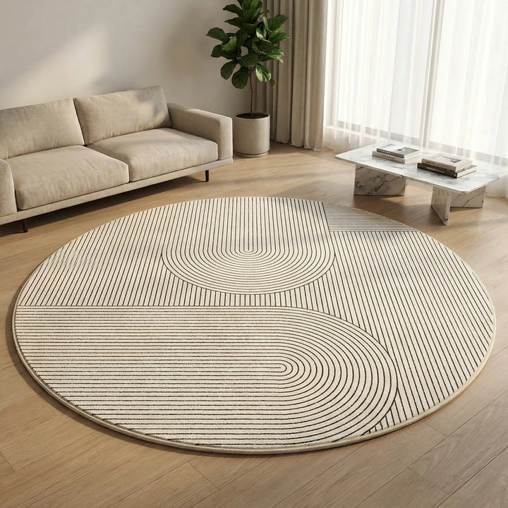 Modern round area rug with Flowique wave design. Non-slip Scandinavian style perfect for living room decor.