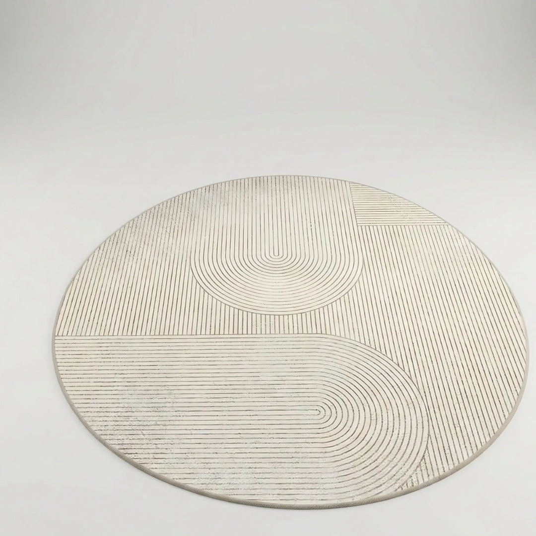 Contemporary round area rug with non-slip backing, neutral geometric waves. Ideal floor covering for living room or bedroom.