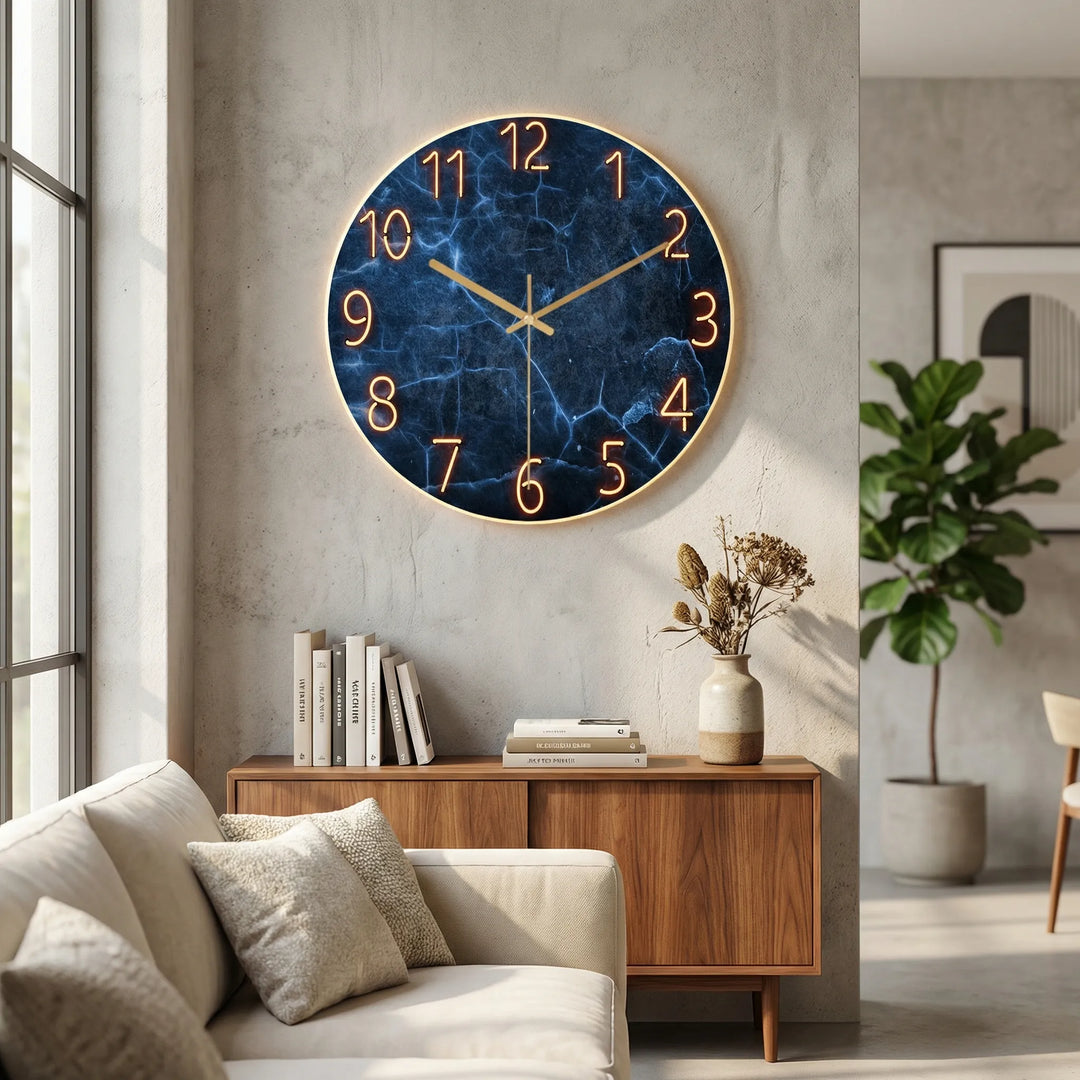 Modern round illuminated wall clock, perfect for contemporary home decor.
