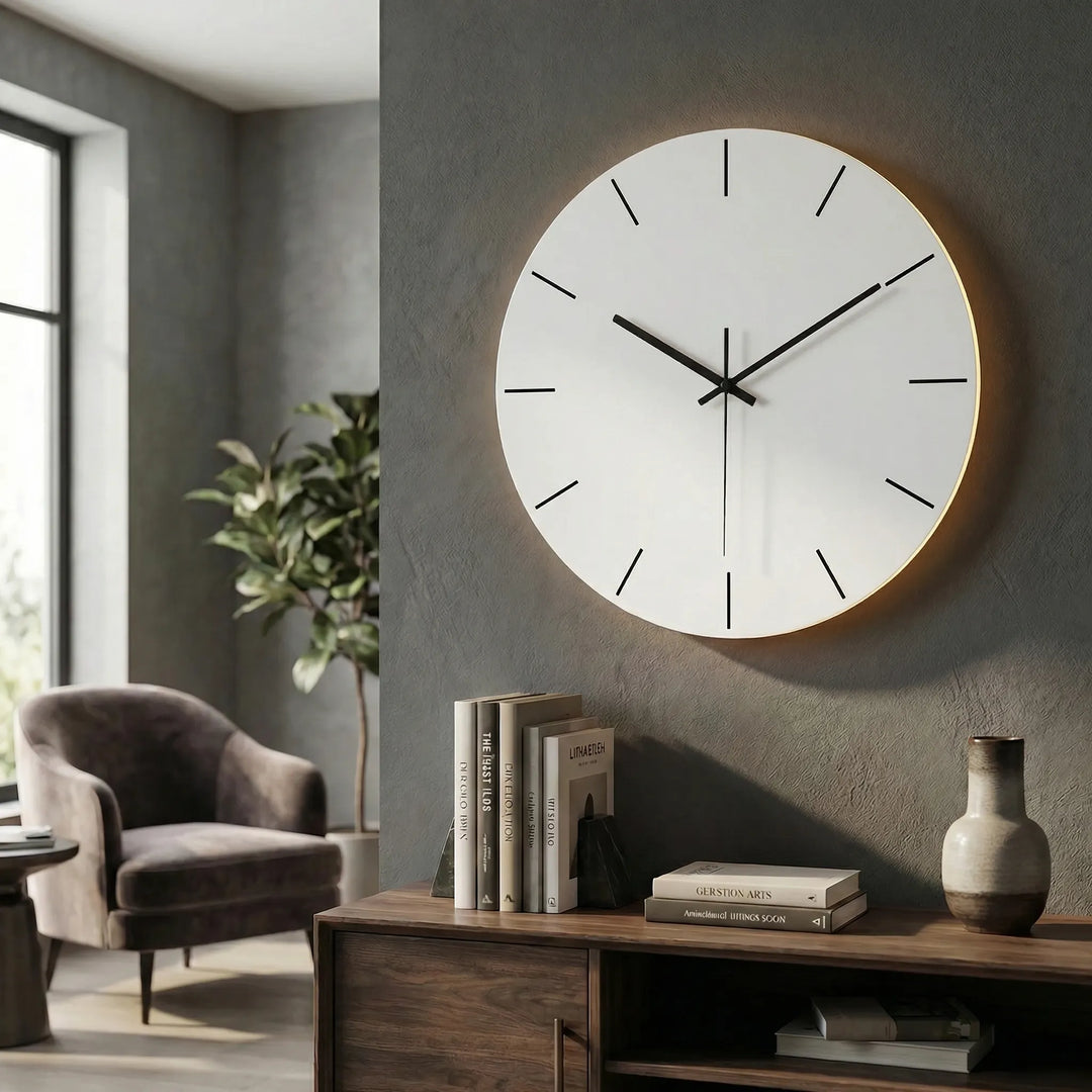 Decorative round wall clock with subtle illumination, a contemporary time display.