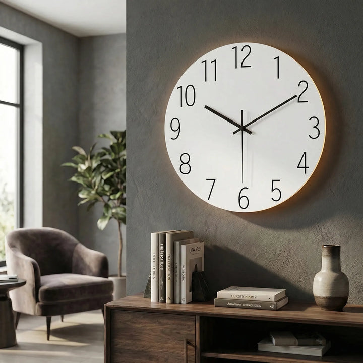 Modern round illuminated clock, a silent art piece for your living room.