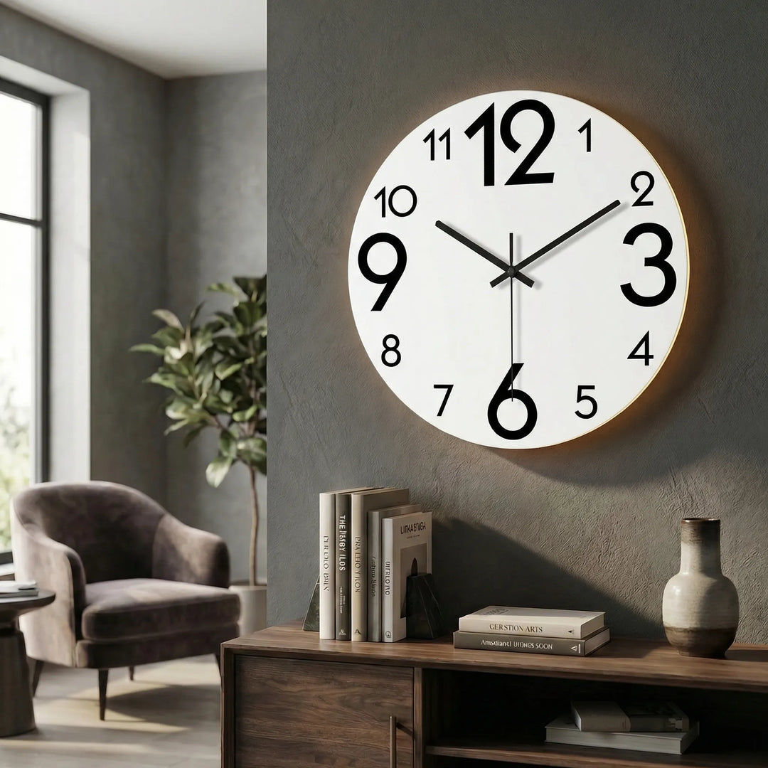 Unique patterned round wall clock with gentle illumination for night visibility.