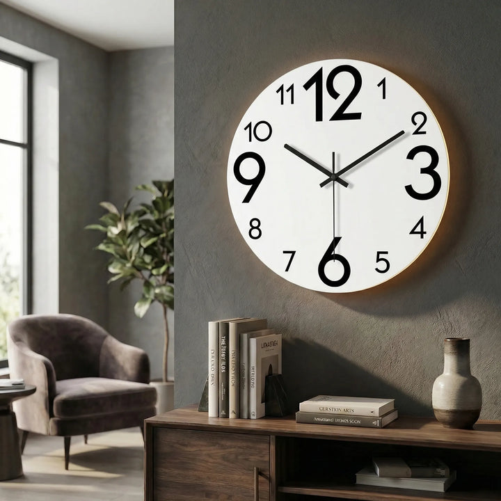 Unique patterned round wall clock with gentle illumination for night visibility.