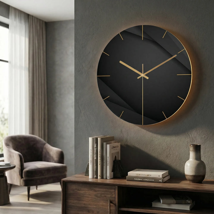 Illuminated round wall clock showing its silent movement and modern aesthetic.