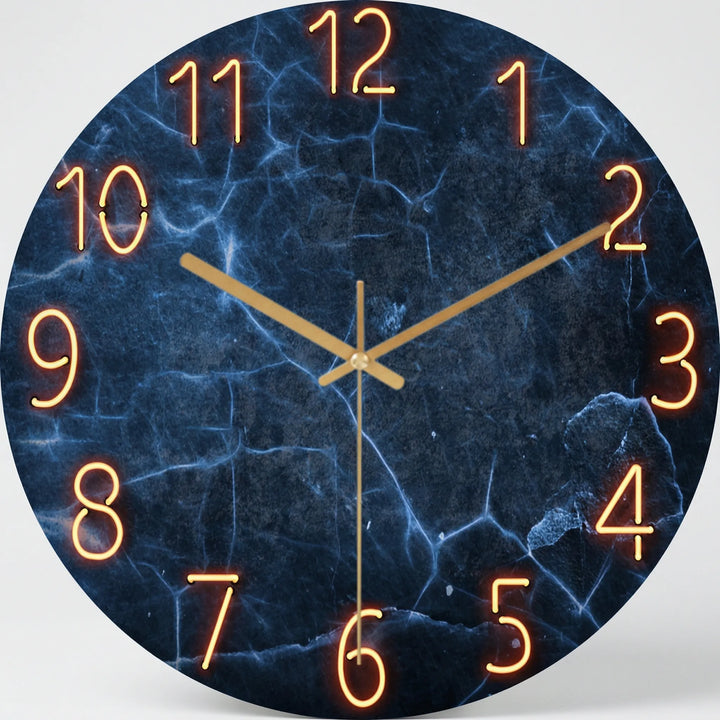 Sleek illuminated round wall clock with silent mechanism, ideal for a living room.