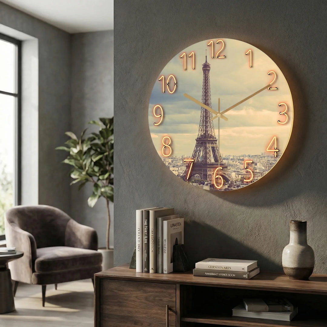 Artistic round silent clock, beautifully illuminated for contemporary spaces.