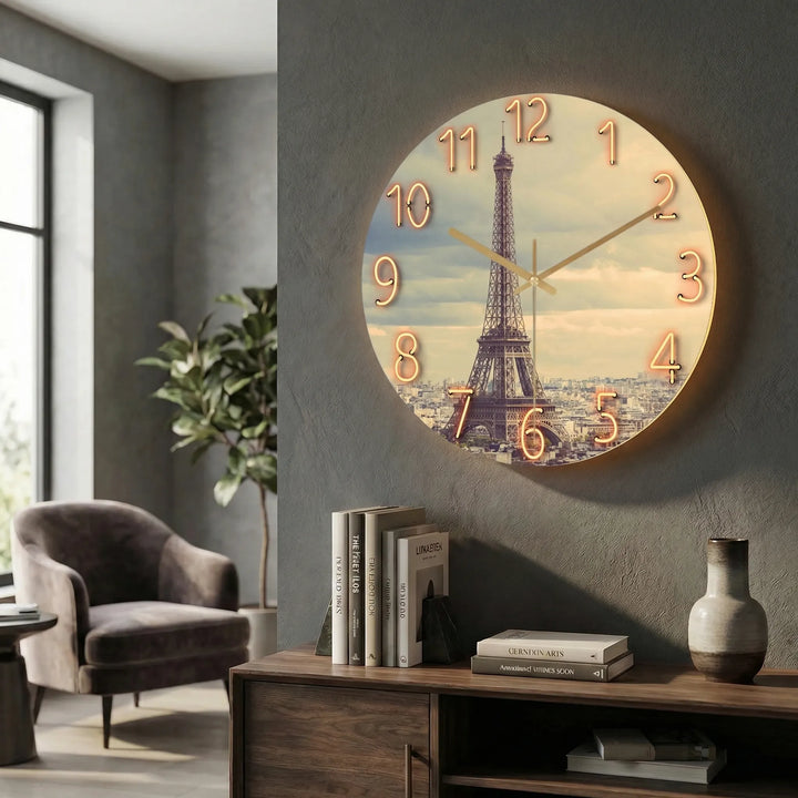 Artistic round silent clock, beautifully illuminated for contemporary spaces.