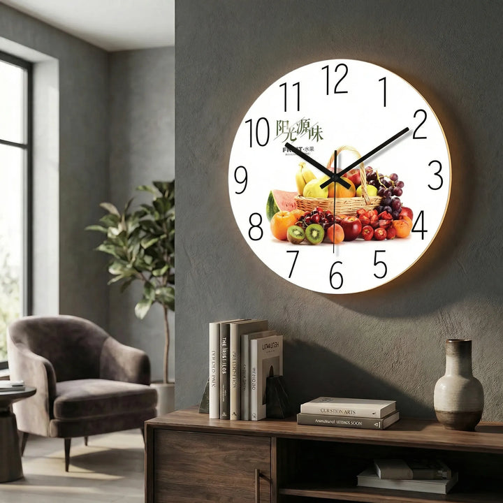 Decorative illuminated round clock, adding a contemporary touch to any wall.