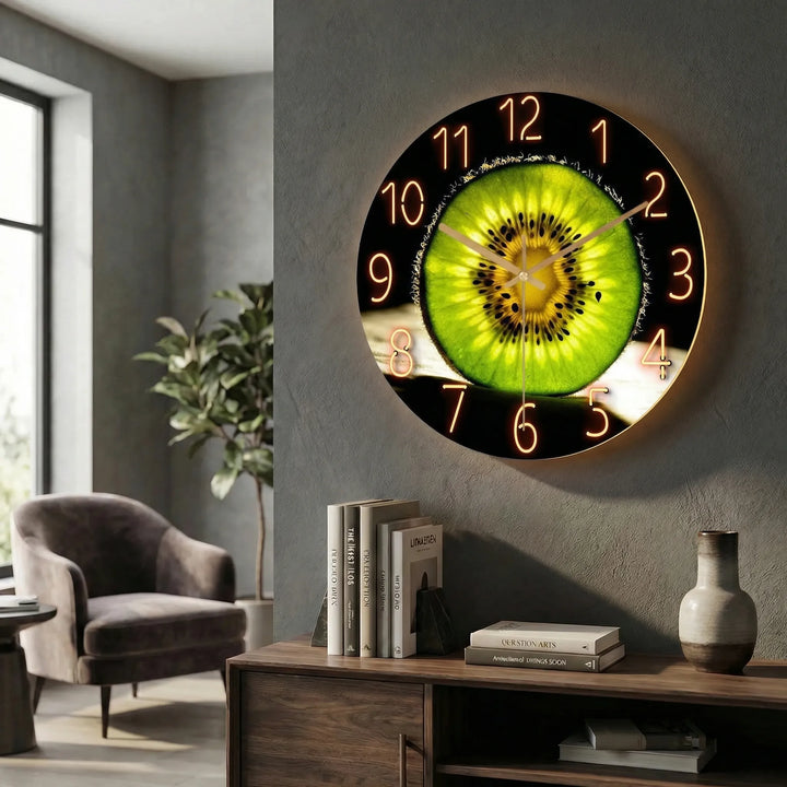 Silent round illuminated clock, ideal for creating a peaceful home environment.