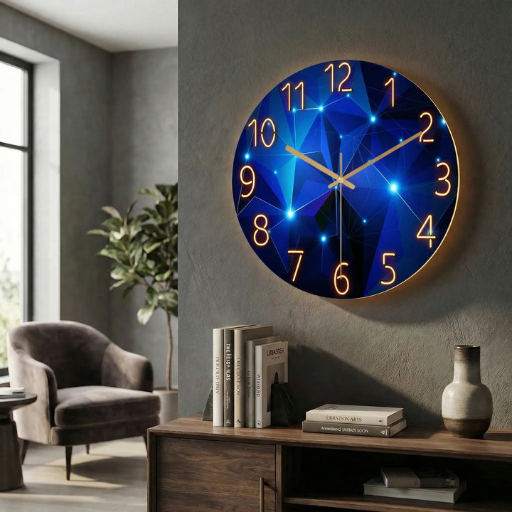 Battery-operated modern round clock, offering both light and time in one unit.