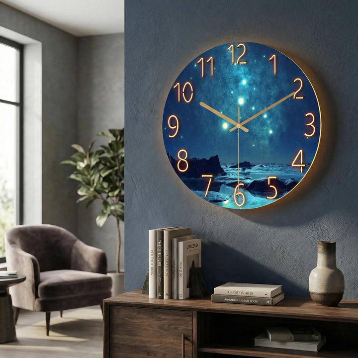 Modern round illuminated wall clock from a side angle, showcasing its slim profile.