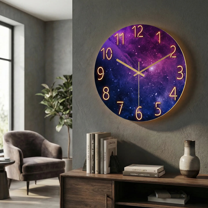 Artistic round clock face, illuminated for clear time telling in any light.