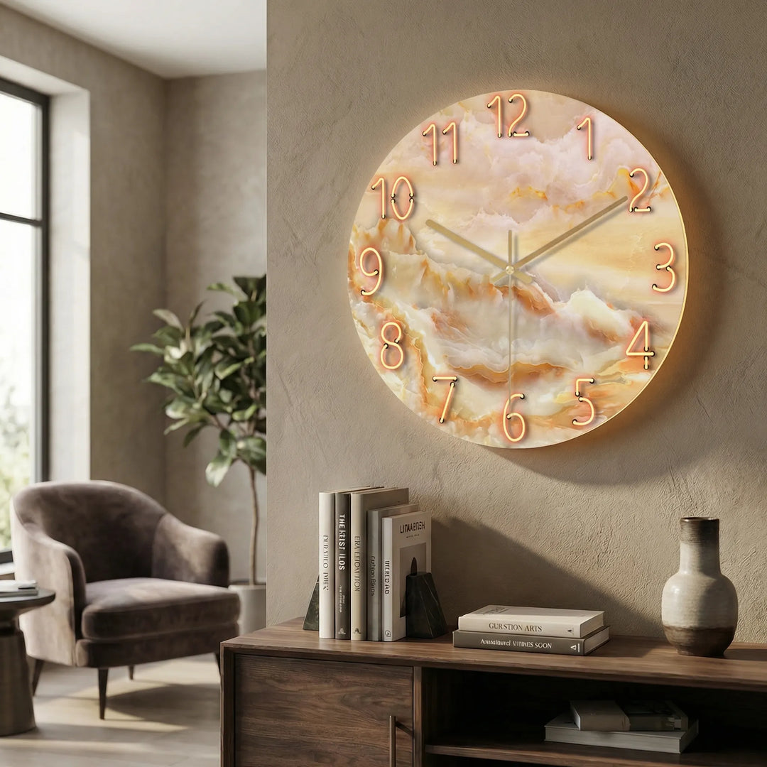 Contemporary round illuminated clock, a decorative time piece for any room.
