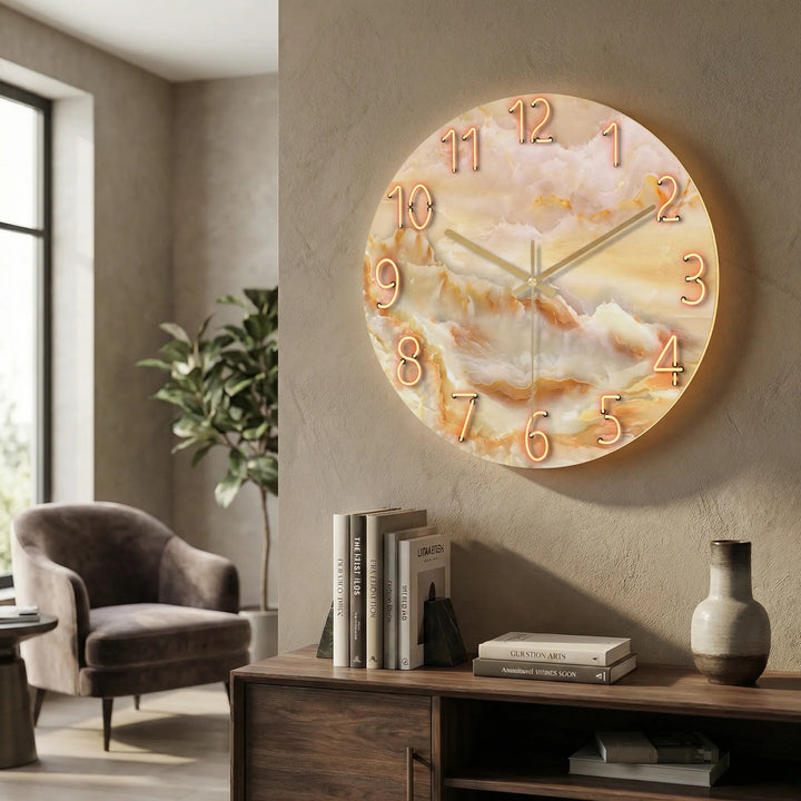 Contemporary round illuminated clock, a decorative time piece for any room.