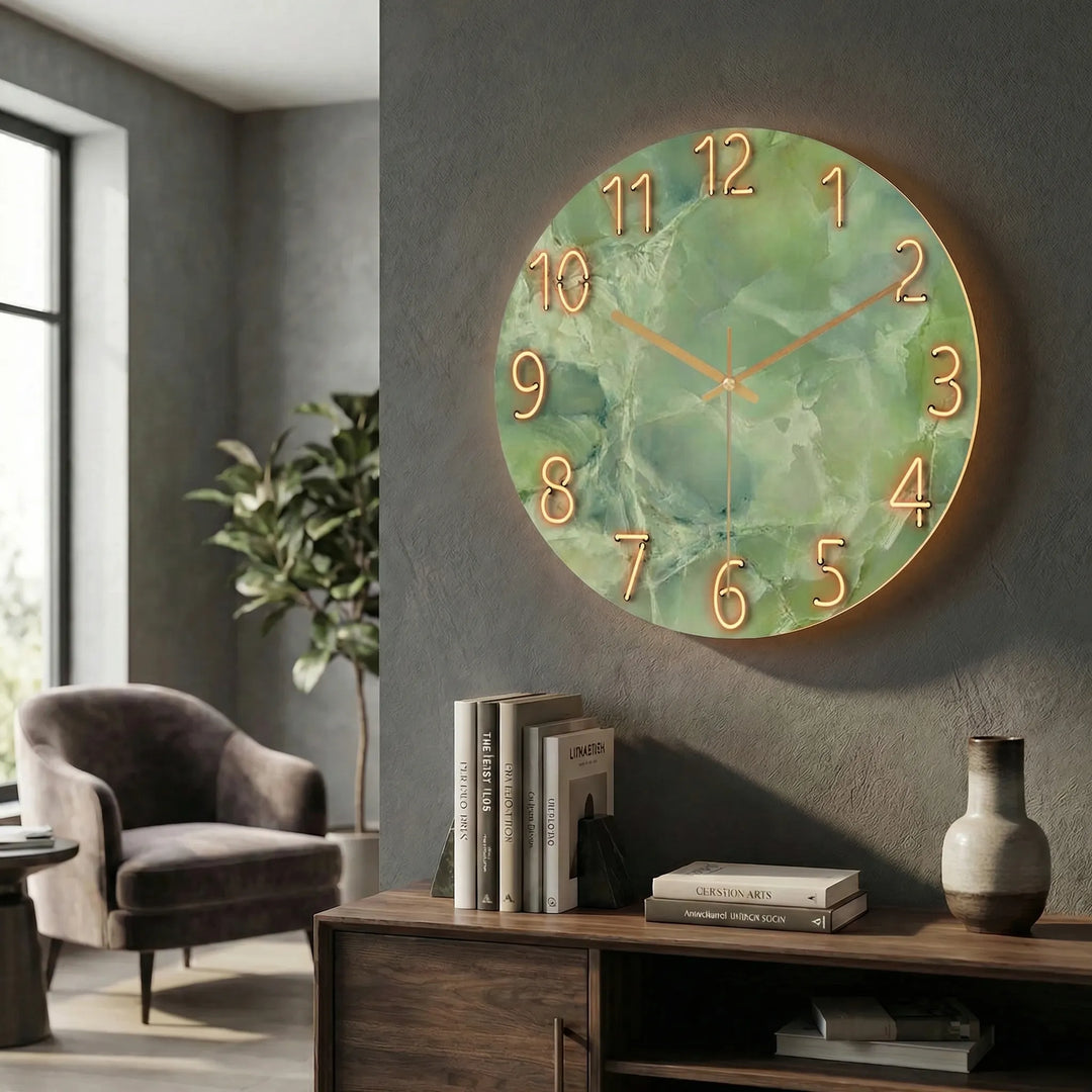 Stylish round illuminated clock, a contemporary decor piece with silent function.