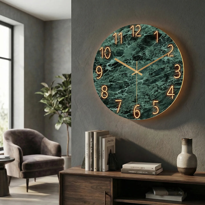 Elegant modern round clock with soft glow, perfect as a living room statement.