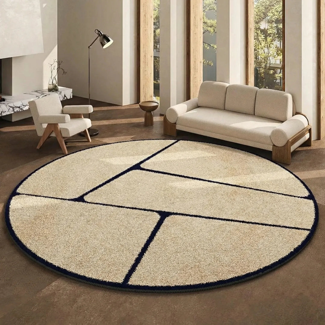 Contemporary round low pile rug with soothing wave pattern, soft and stylish for any room's modern home decor.