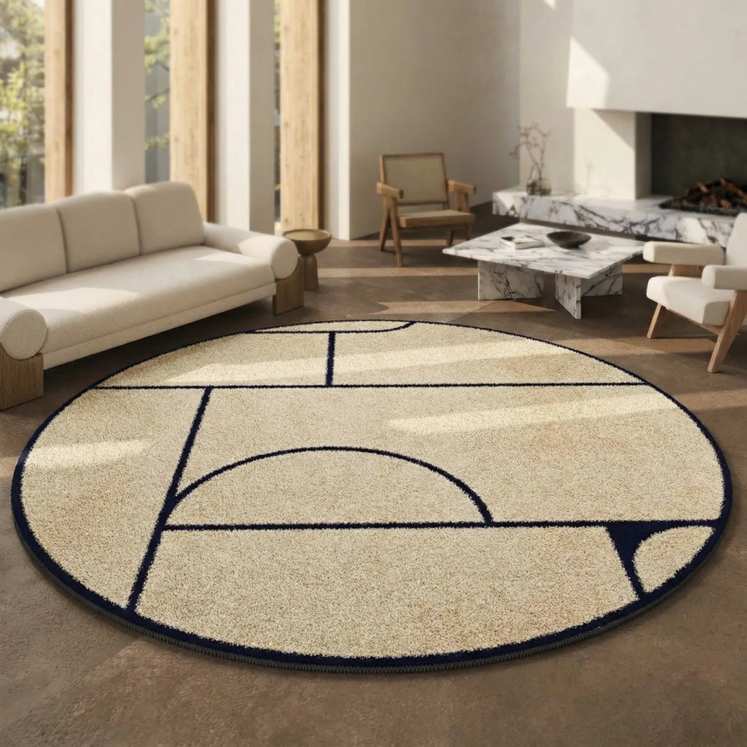 Durable washable Flowique round area rug with wave pattern, soft and low pile for high-traffic home entryways.
