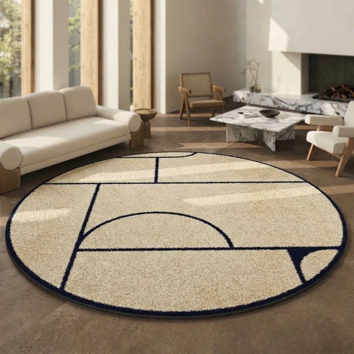 Durable washable Flowique round area rug with wave pattern, soft and low pile for high-traffic home entryways.