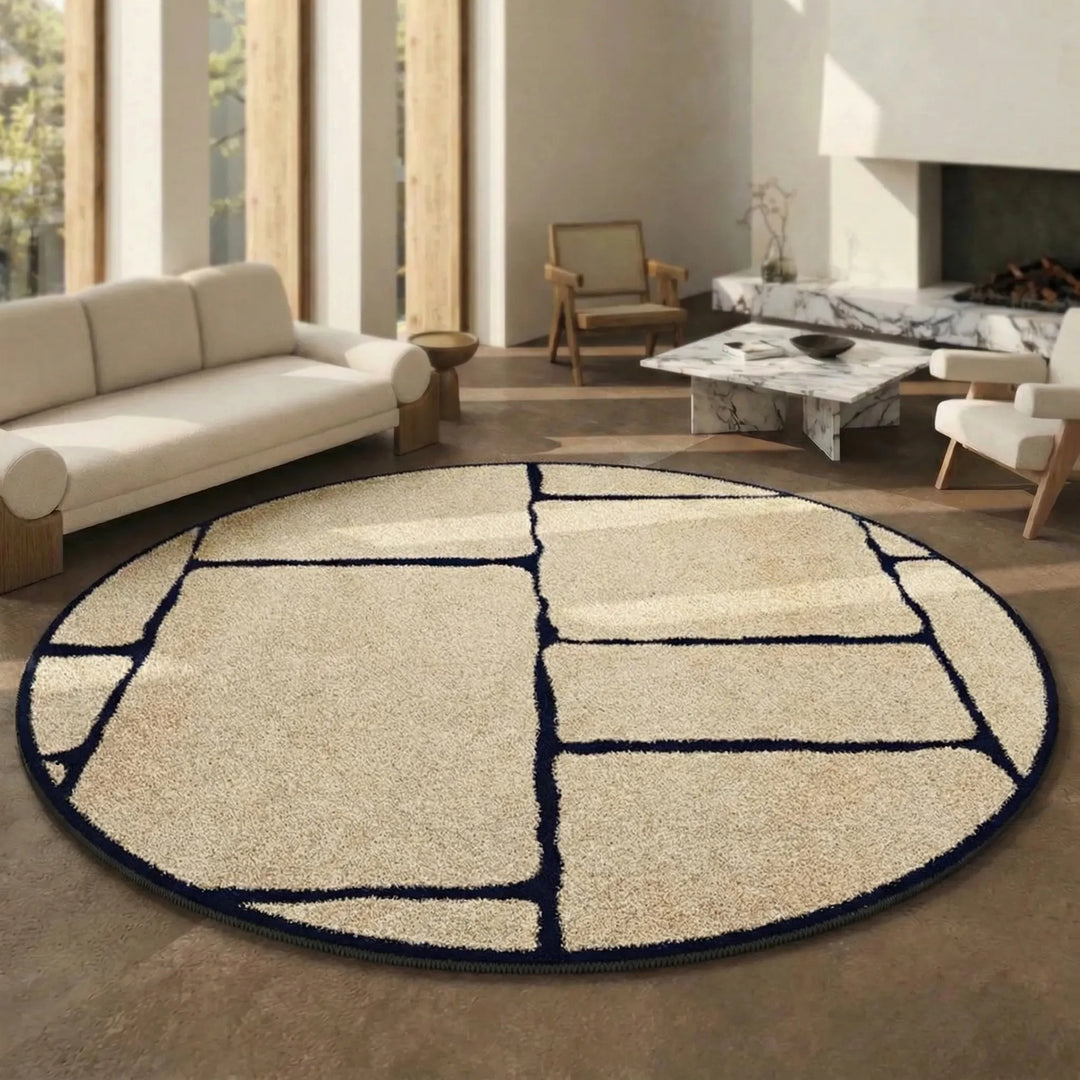 Soft low pile round area rug for modern homes, featuring a beautiful Flowique wave pattern. Washable.
