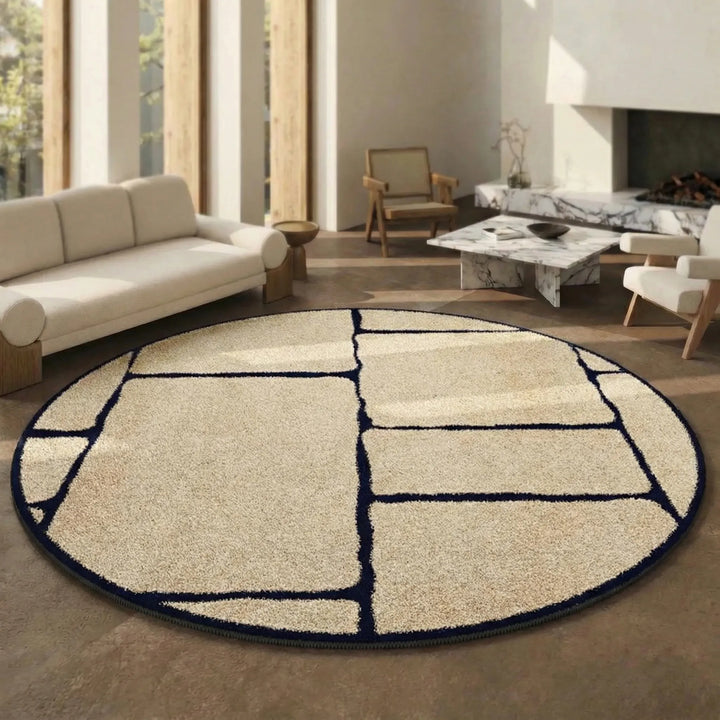 Soft low pile round area rug for modern homes, featuring a beautiful Flowique wave pattern. Washable.