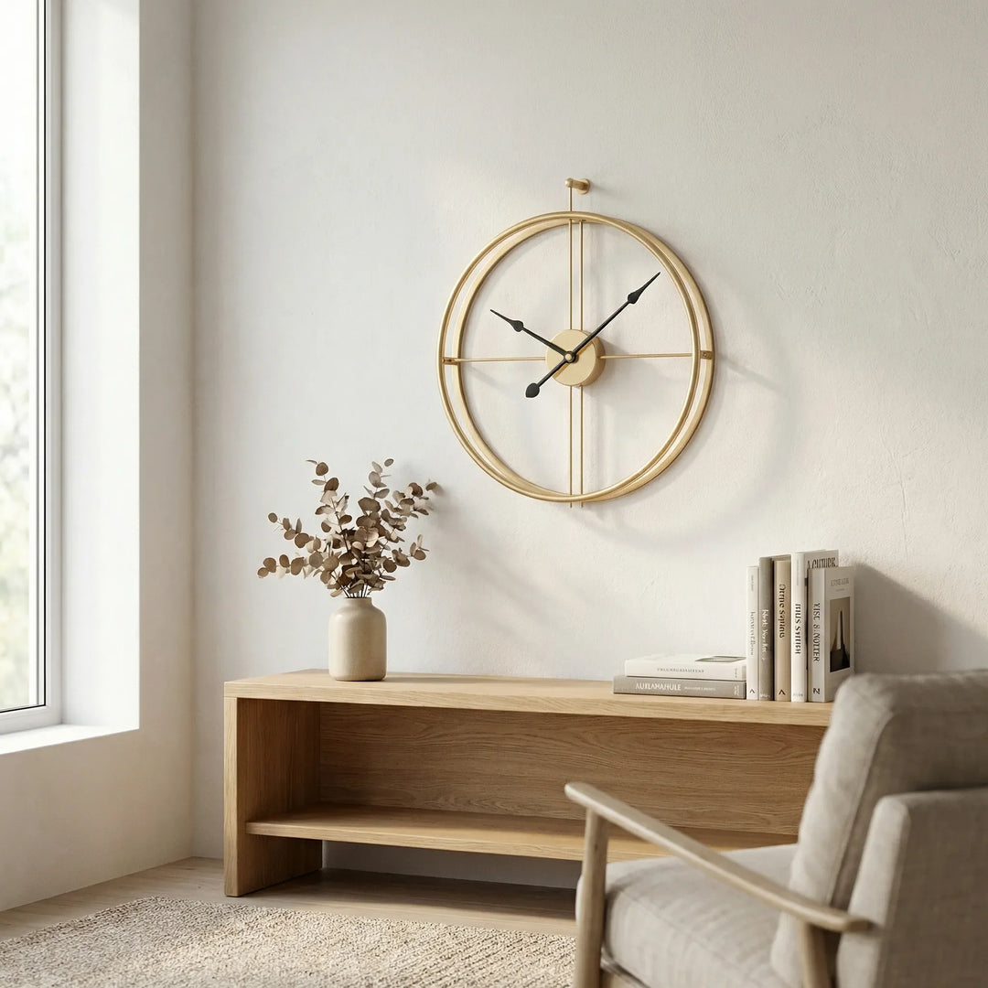 Modern round wall clock with elegant gold accents, perfect for sophisticated home decor.