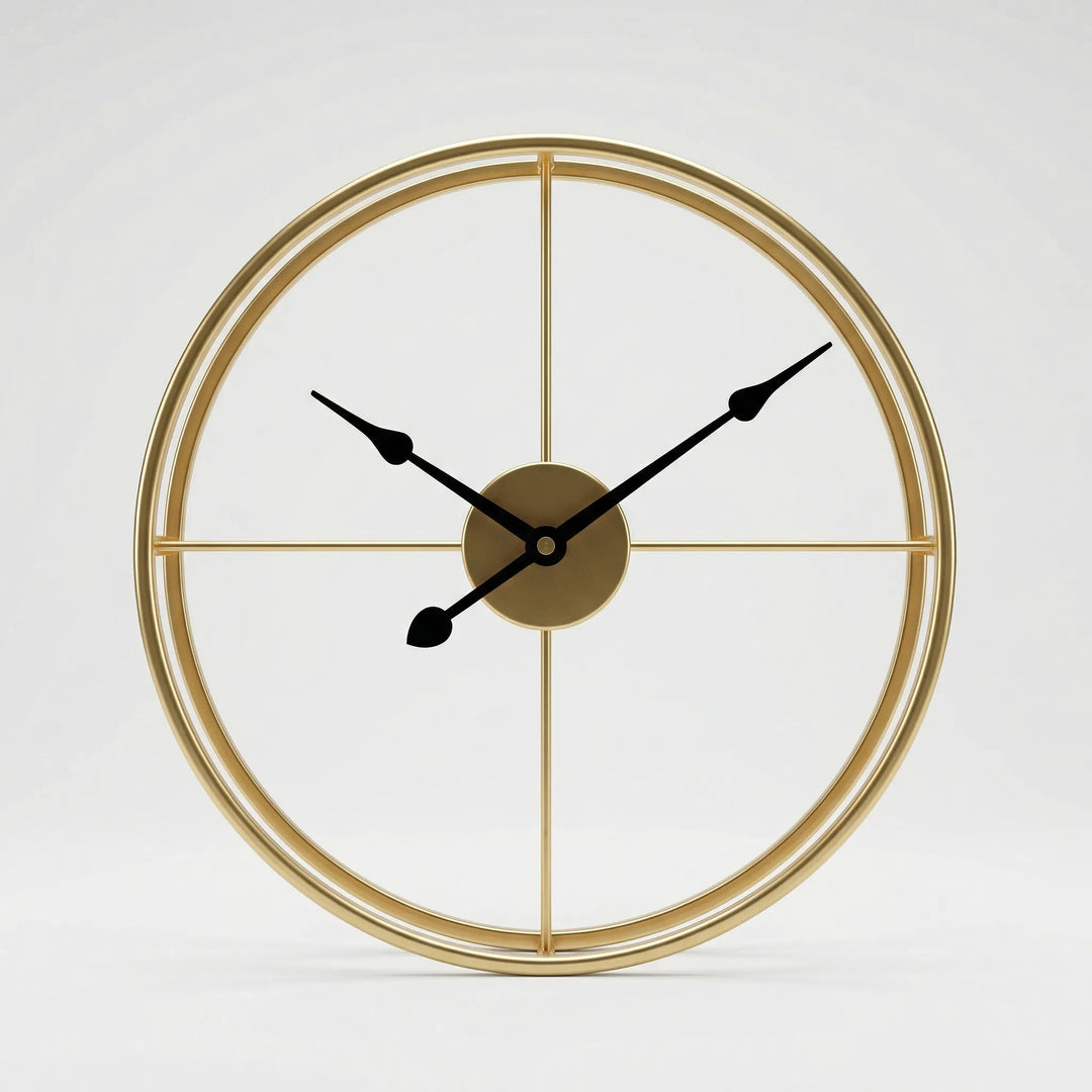 Elegant round black wall clock with striking gold hands. A perfect accent for modern design.