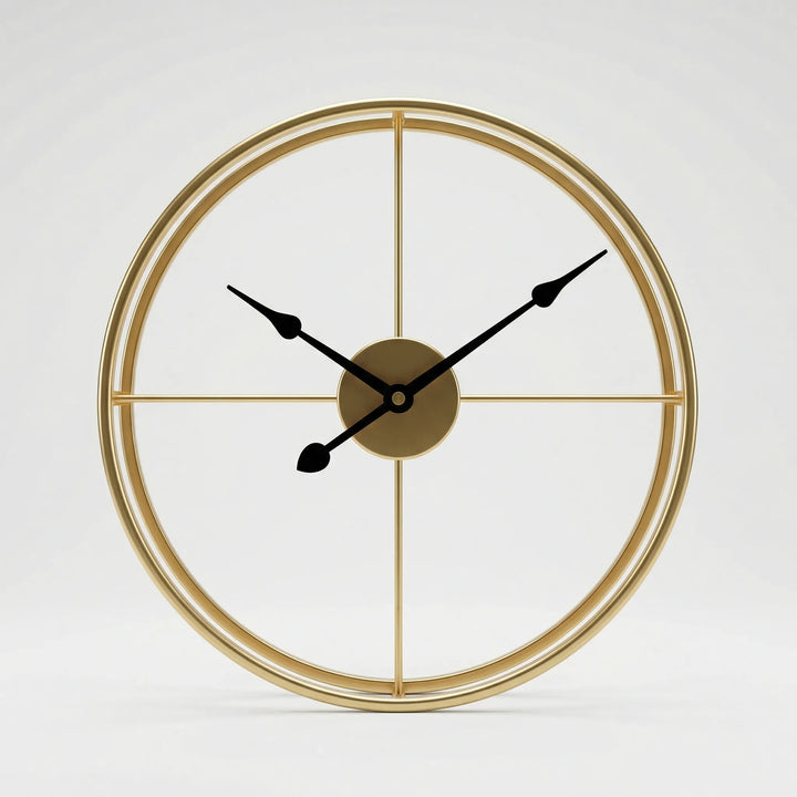 Elegant round black wall clock with striking gold hands. A perfect accent for modern design.