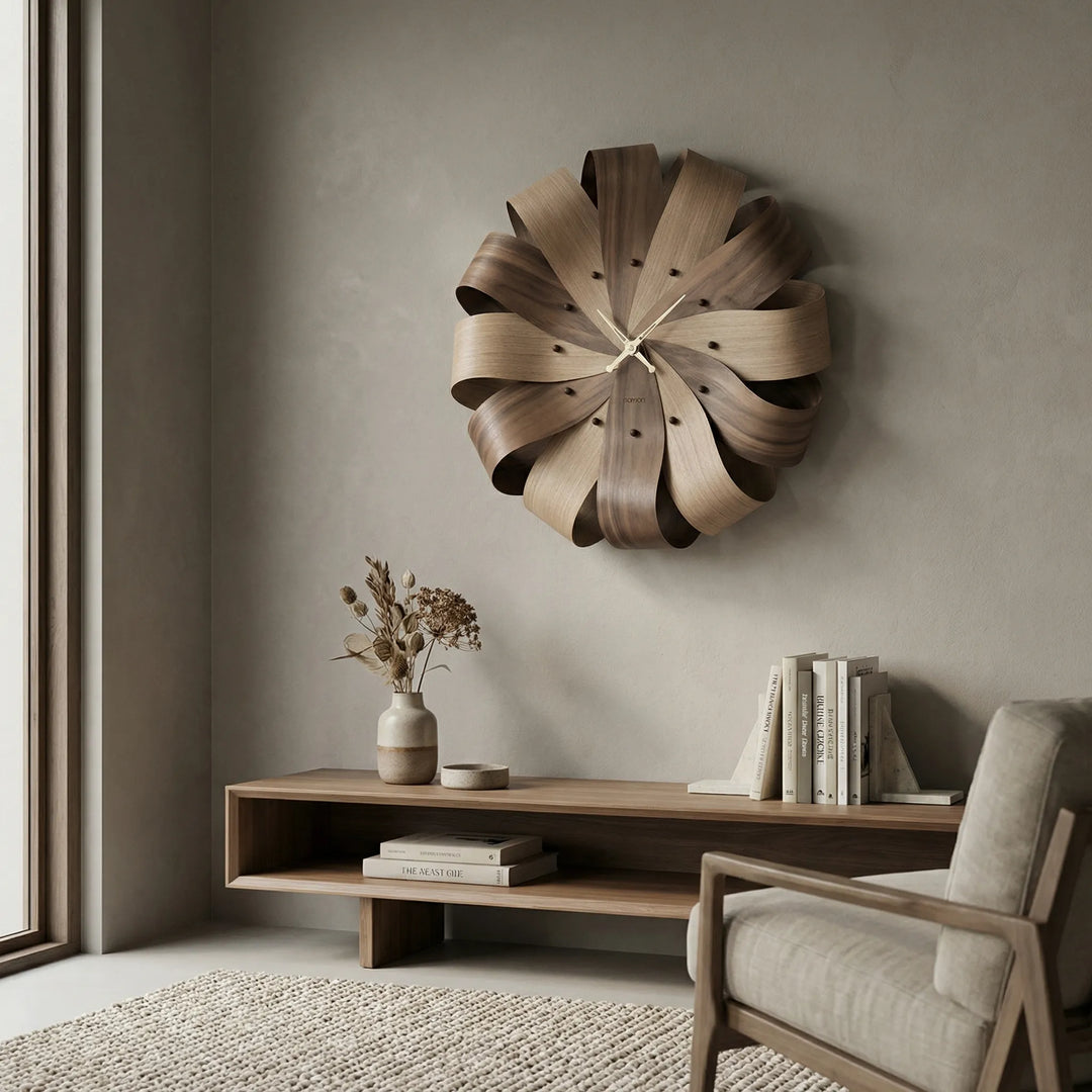 Modern sculptural wall clock, elegant decor for living room. Unique silent design, battery operated.