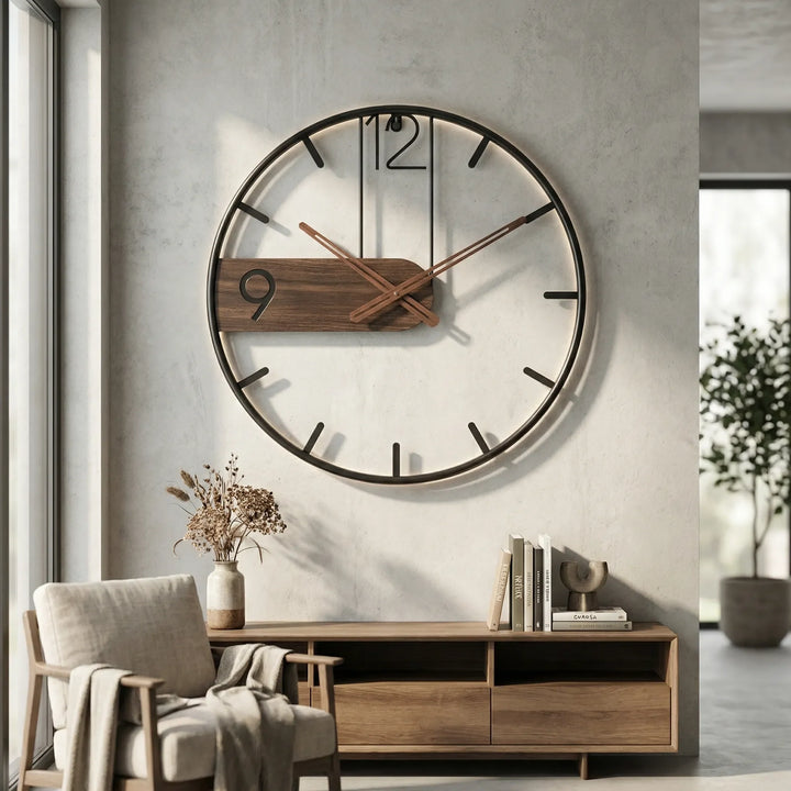 Modern silent wall clock for home & office decor. Large industrial style contemporary timepiece for living room.