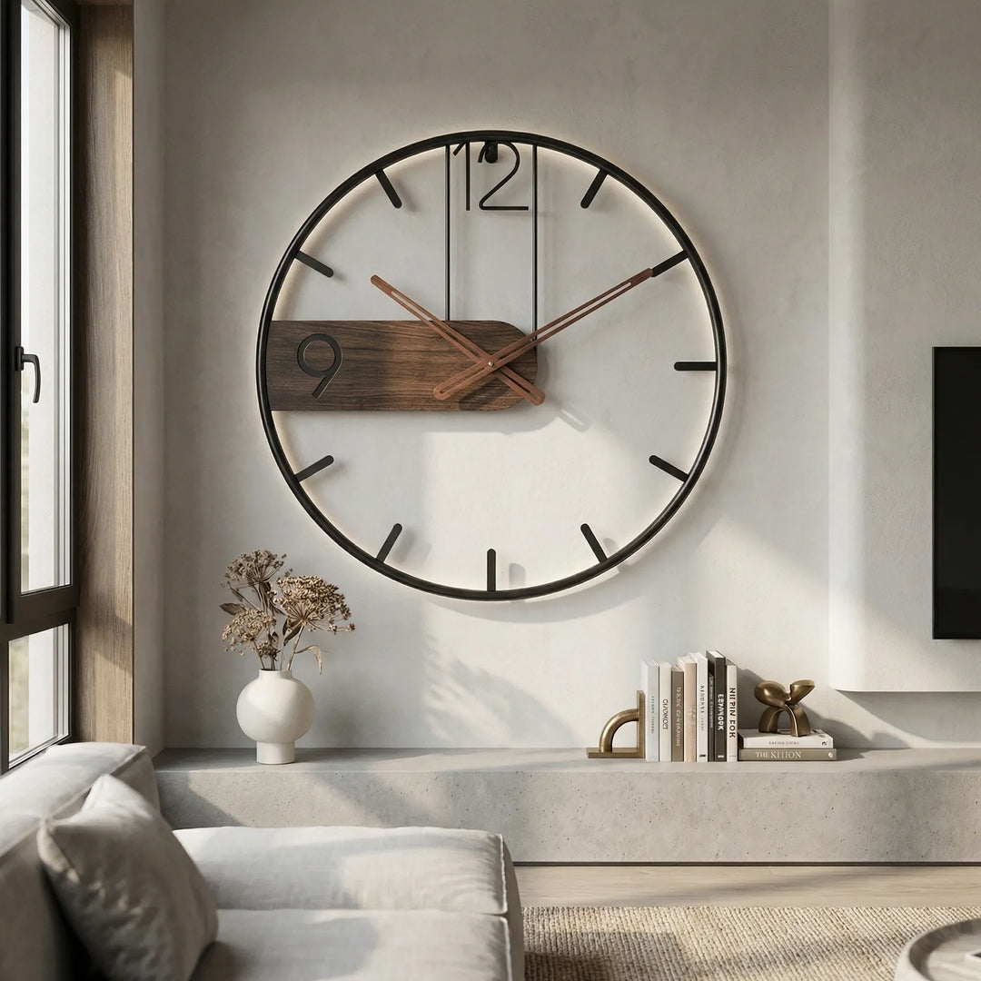 Decorative large wall clock in modern industrial style. Silent contemporary clock for home, office & living room decor.