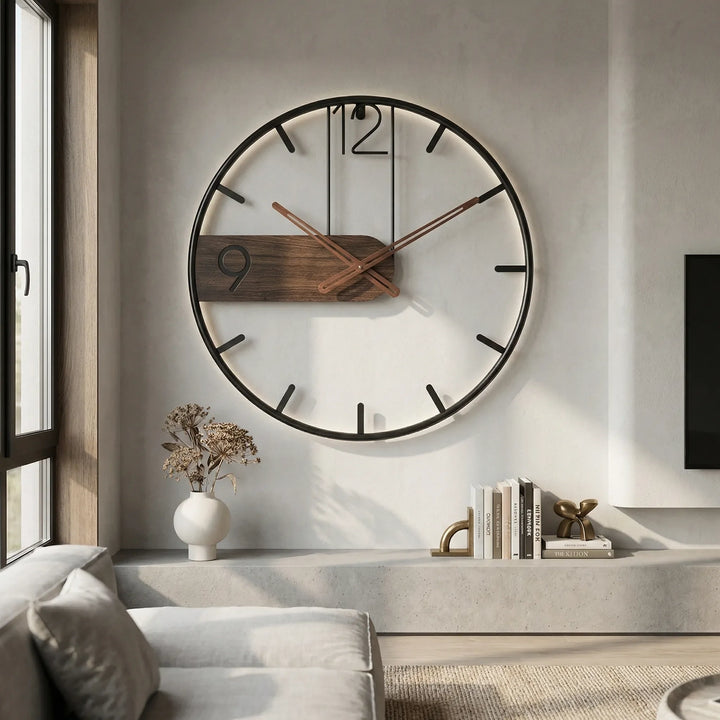 Decorative large wall clock in modern industrial style. Silent contemporary clock for home, office & living room decor.