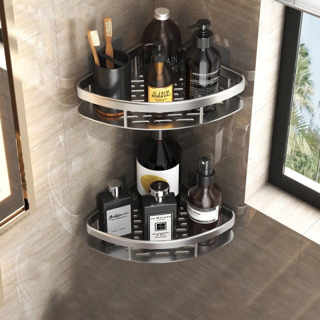 Stylish no-drill shower organizer, perfect for small bathrooms.