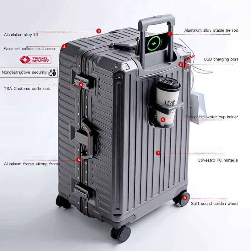 Organized hardshell travel suitcase with wide grip handle & secure compartments for travelers.